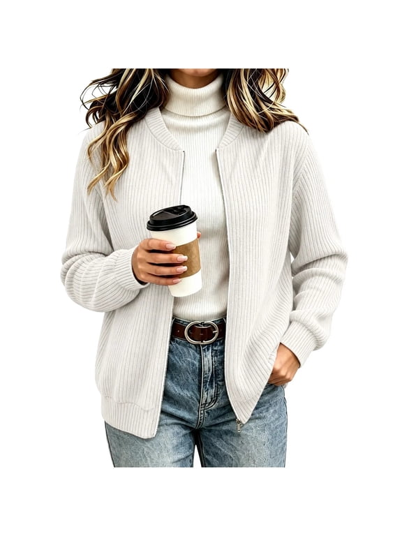Womens Zipper Cardigan Sweater Trendy Crew Neck Long Sleeve Casual Sweater Knit Warm Fall Winter Cardigan