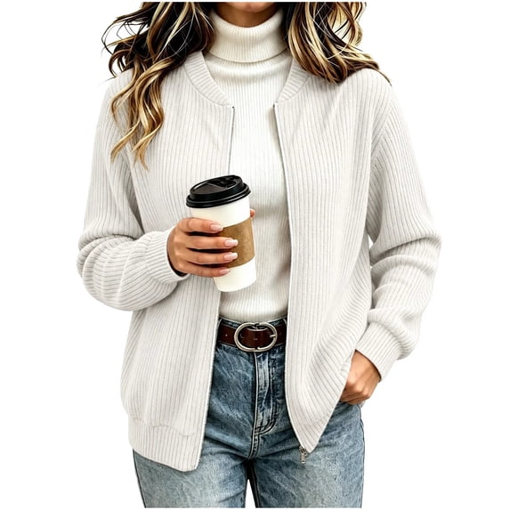 cocolona Womens Zipper Cardigan Sweater Trendy Crew Neck Long Sleeve Casual Sweater Knit Warm Fall Winter Cardigan