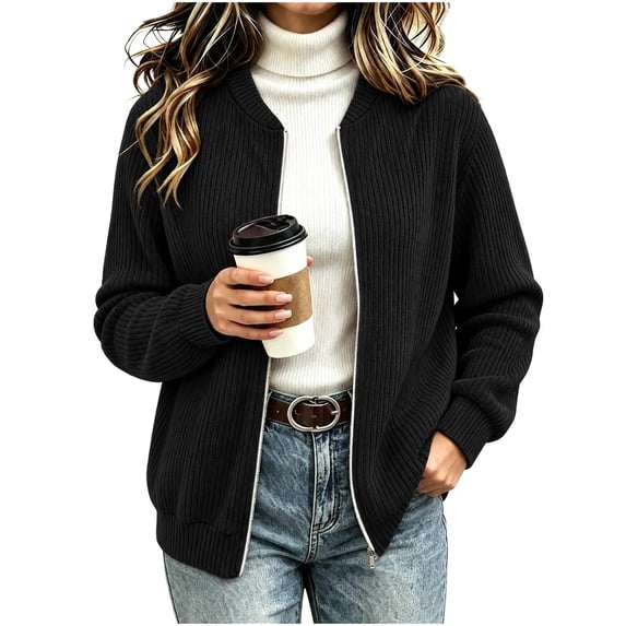 cocolona Womens Zipper Cardigan Sweater Trendy Crew Neck Long Sleeve Casual Sweater Knit Warm Fall Winter Cardigan