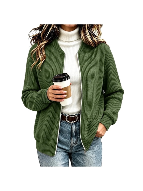 Womens Zipper Cardigan Sweater Trendy Crew Neck Long Sleeve Casual Sweater Knit Warm Fall Winter Cardigan
