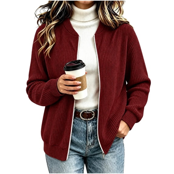 cocolona Womens Zipper Cardigan Sweater Trendy Crew Neck Long Sleeve Casual Sweater Knit Warm Fall Winter Cardigan