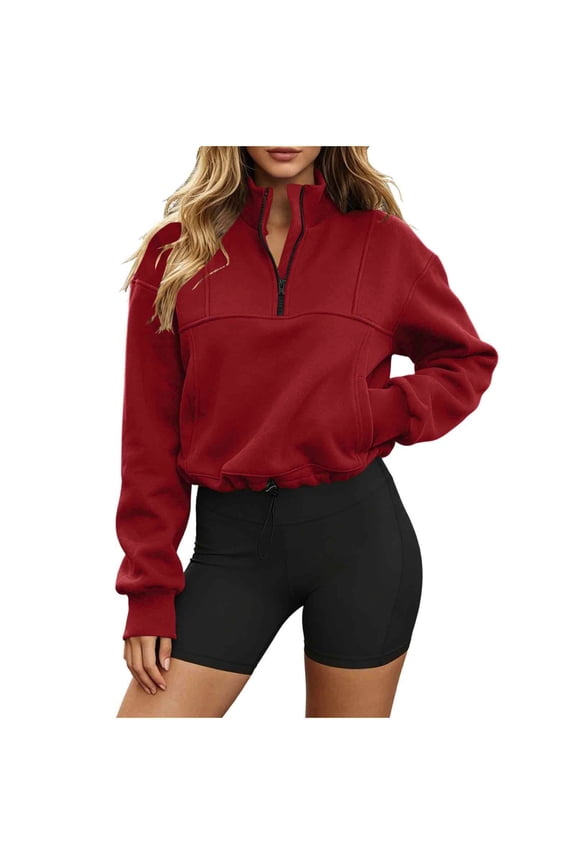 Womens Zipper Collared Sweatshirts Long Sleeve Solid Color Drawstring Hem Pullover Fall Tops with Pockets