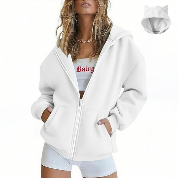 cocolona Zip Up Hoodies for Women Long Sleeve Hooded Sweatshirts Casual Jacket Tops Fall Winter Solid Coats with Ear Hat
