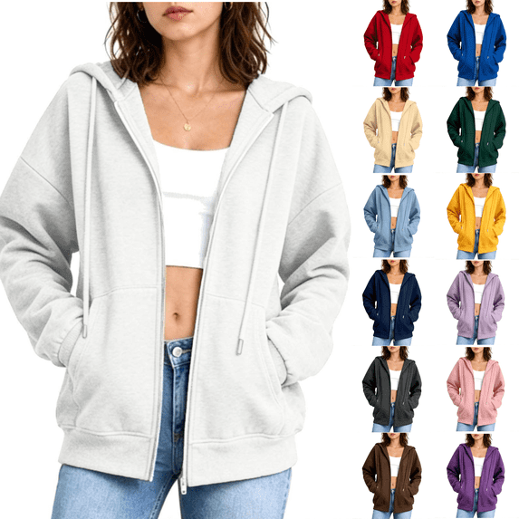 cocolona Zip Up Hoodies for Women Solid Color Drawstring Long Sleeve Sweatshirts Fall Trendy Casual Tops with Pockets