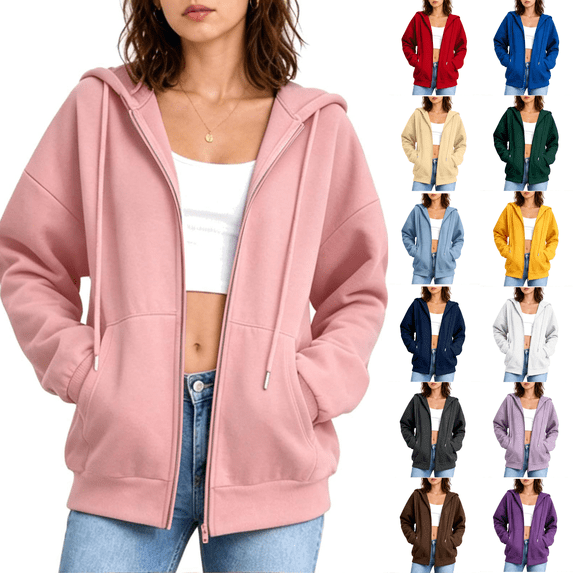 cocolona Zip Up Hoodies for Women Solid Color Drawstring Long Sleeve Sweatshirts Fall Trendy Casual Tops with Pockets