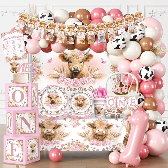cocomigo 254pcs Holy Cow I'm One Birthday Decorations Complete Party Set, Highland Cow 1st Birthday Decorations Girl, for Cow Theme Girl 1st Party Supplies Serves 20 Guests Y114