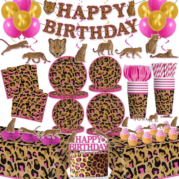 cocomigo 343pcs Cheetah Birthday Decorations Tableware Set, Serves 50 Guests, Cheetah Print Birthday Decorations includes 350 gsm Plates, Balloons, Tablecloths, for Leopard Theme Party Supplies Y101