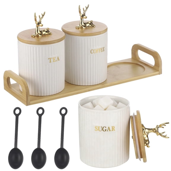 3 Pcs Ceramic Canister Set, Ribbed Storage Containers with Golden Deer Wooden Lids, Labeled Sugar Coffee Tea, 18.6 oz Airtight Food Storage for Kitchen Counter, Includes Wooden Tray and Spoons