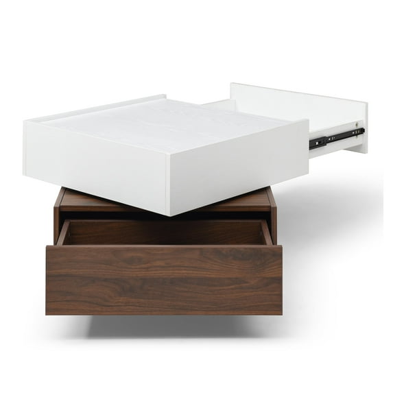 coffee table , Rotating Coffee Table with 2 Drawers, High wood 2-Tier Center Table with Storage, Square Coffee Table with Swivel for Living Room (white and Walnut )