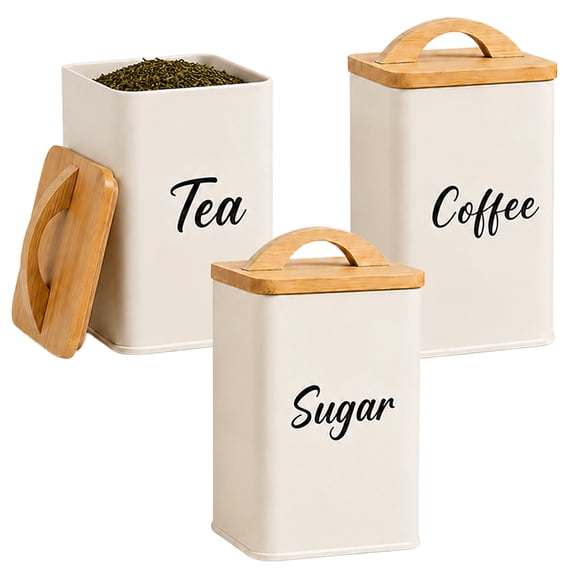 3 PCS Coffee Sugar Tea Canisters, Square Metal Jars with Airtight Wood Lids|Kitchen Storage Containers with Silicone-Sealed Wood Lids for Coffee Bars, Countertops, Pantry Shelves