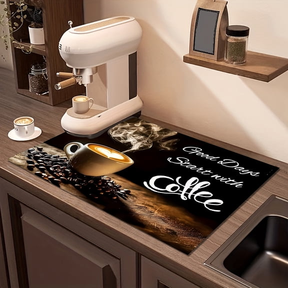 coffee themed drying mat, stylish coffee mat, high-quality polyester, non-slip rubber base, multi-functional kitchen countertop mat, coffee bar accessory, refreshing everyday brewing theme.