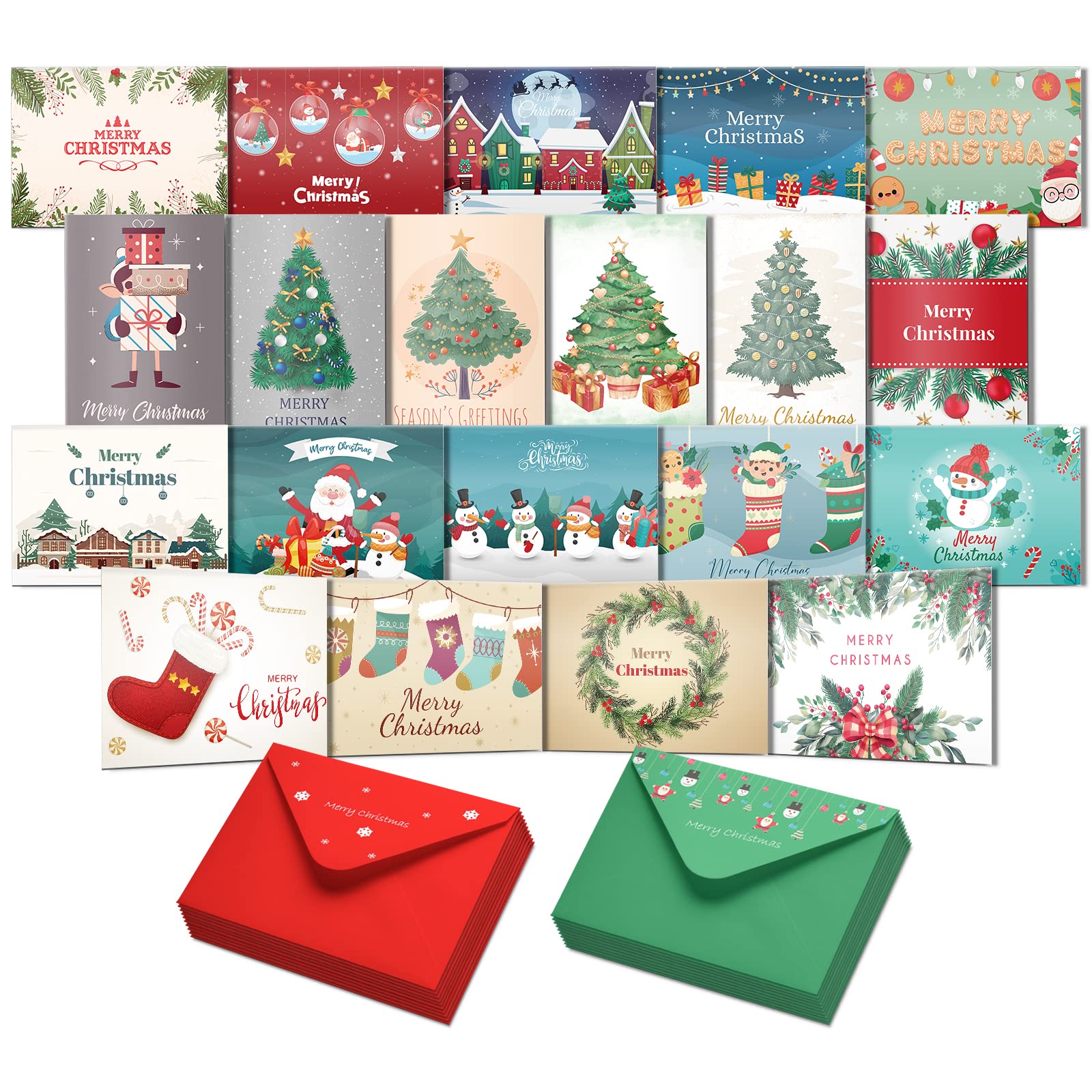 cofullsky Christmas Cards Boxed Bulk, Merry Christmas Greeting Cards with Envelopes 20 Colorful Unique Designs Happy Holiday Cards Cute Xmas Card Set for Christmas, Holiday, New Year, Xmas Gift C44