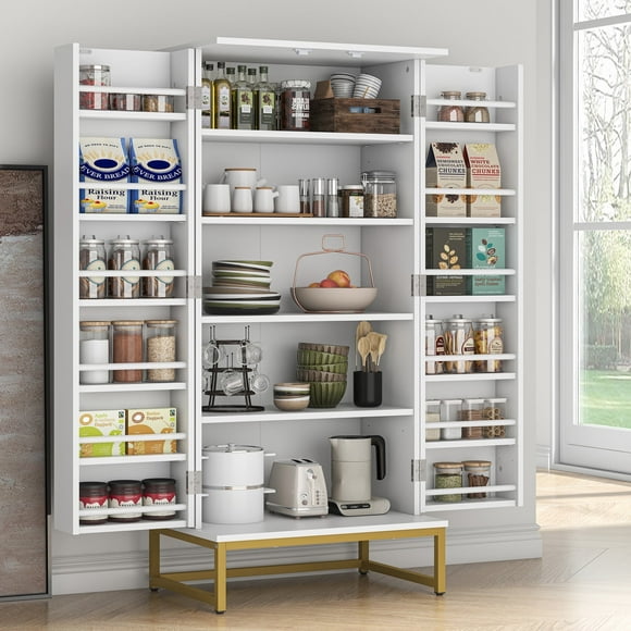Casendy Kitchen Cupboard, 51 Pantry Cupboard with Adjustable Shelves & Doors, Storage Cabinet for Kitchen Organizers and Storage, Sideboard for Living Room and Dinning Room (White Gold, 51 Inches)