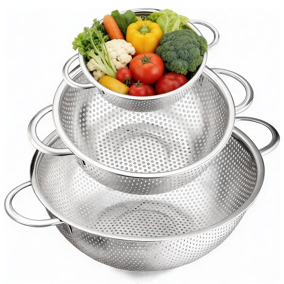 Behome 3 Pack Colander(2/4/7 Qt), Stainless Steel Colander Strainers with Handles & Resting Base, Steel Colander Sieves for Draining Rinsing Washing, for Pasta Vegetables Fruits