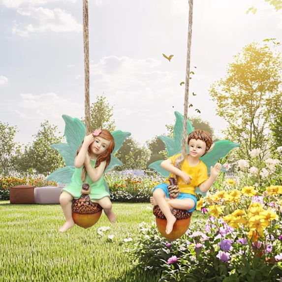 colaxi 2x Garden Boy Girl Fee Hanging Decor Harz Ornament, Handicraft Collectible Creative Garden Development for Garden Fence Outdoor