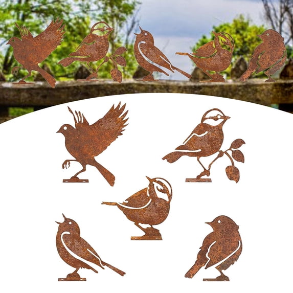colaxi 5 Pieces Iron Bird Decoration Bird Silhouette Ornaments Lifelike Metal Gardening Ornaments Rust Iron Birds for Fences A
