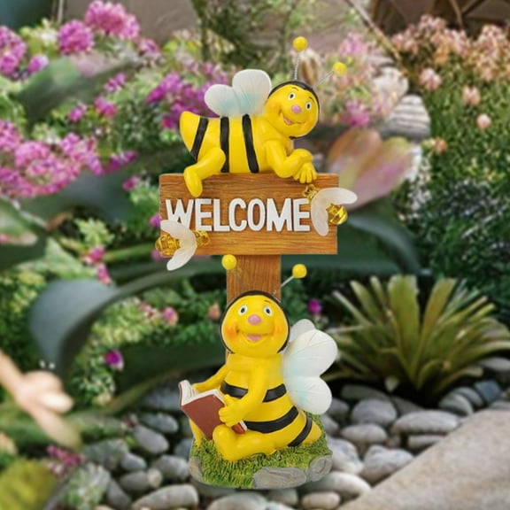 colaxi Bee Figurine Welcome Sign ,Garden Decoration with Light, Creative, Collectible, Animal Sculpture Resin Statue for Lawn Garden