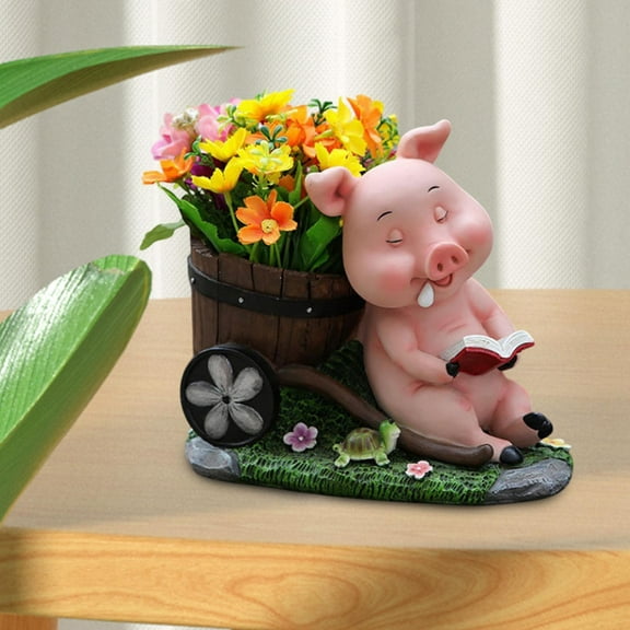 colaxi Pig Statue Flowerpot Creative Animal Sculpture for Backyard Table Home Decor Sleep Pig Red Book
