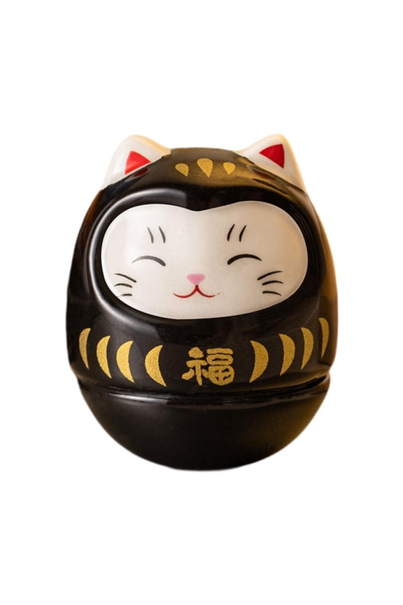 Ceramic Lucky Cat Figurine Tumbler Doll Adorable Accessories 1.4x1.4x1.5inch Black