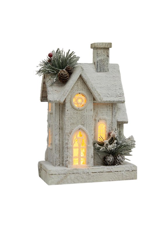 Christmas Snow House Statue Wooden Village House Figurine for Bedroom Indoor White