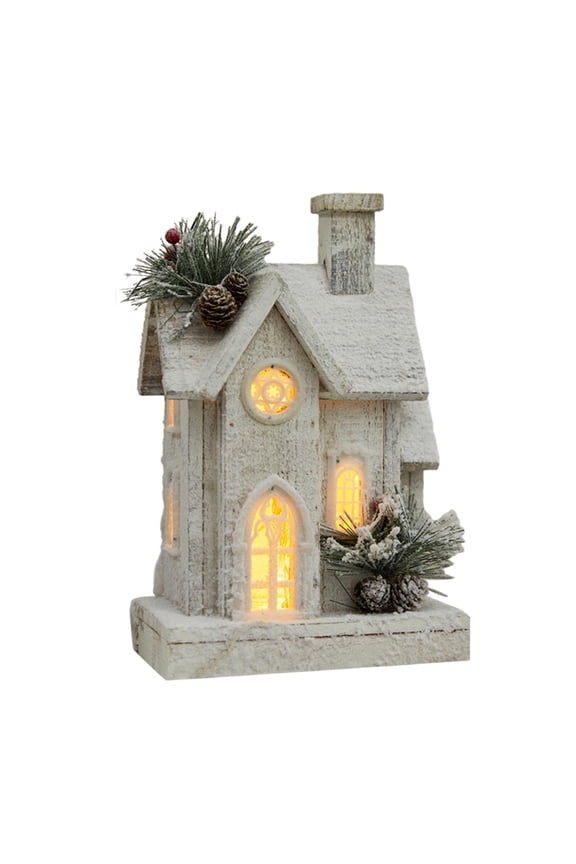 Christmas Snow House Statue Wooden Village House Figurine for Bedroom Indoor White