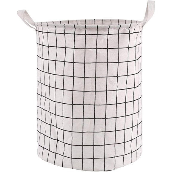 A collapsible, large laundry basket with handles, featuring a white checkered design. Suitable for use as a clothes hamper, toy organizer, or storage basket.