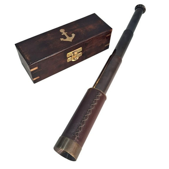 collectiblesBuy Hand Stitched Leather Carved Collapsible Antique Handheld Brass Telescope Pirate Spyglass with Hardwood Anchor Box
