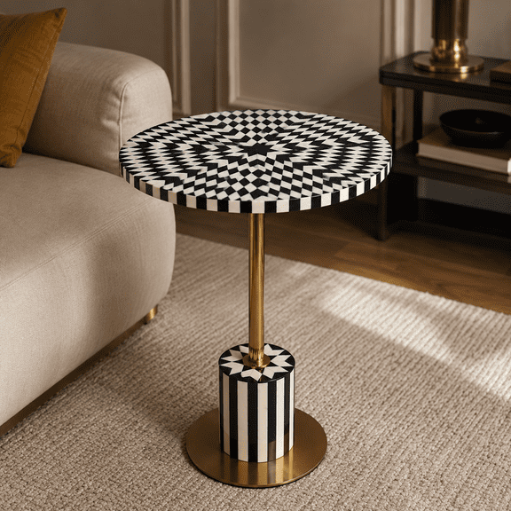 collectiblesBuy Handmade Geometric Bone Inlay Accent Table, Black & White Round Side Table with Brass Pedestal Base for Modern Interiors