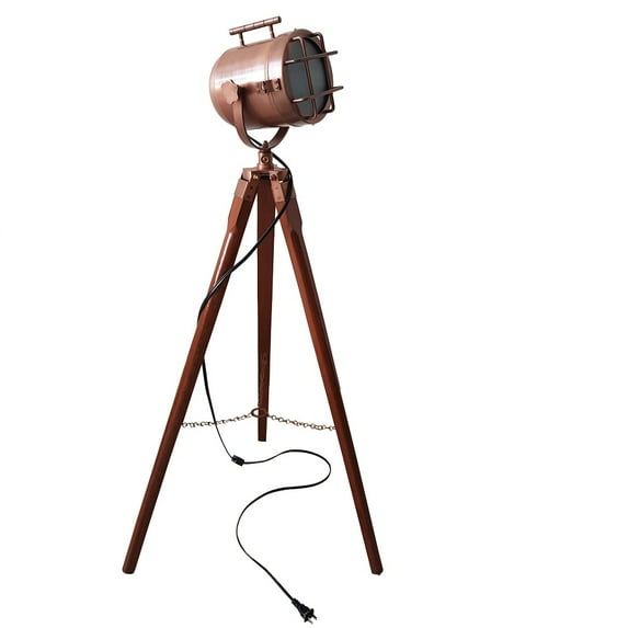 collectiblesBuy Vintage Searchlight Floor Lamp Studio Spotlight Wooden Tripod Furniture Electric Corded LED Lamp Adjustable Stand Antique Copper 40" inches