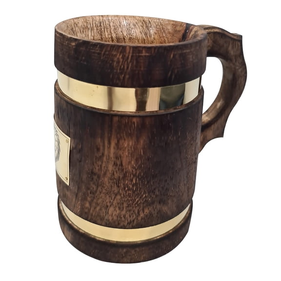 collectiblesBuy Wooden Beer Mug for men Handcrafted Tradational Design Lion Plated Logo Metal Strapped Ligation Beer Tankard Coffee Mug Leak Proof