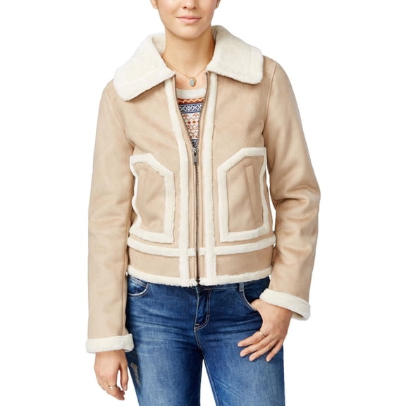 collection b beige faux-shearling trimmed moto jacket s