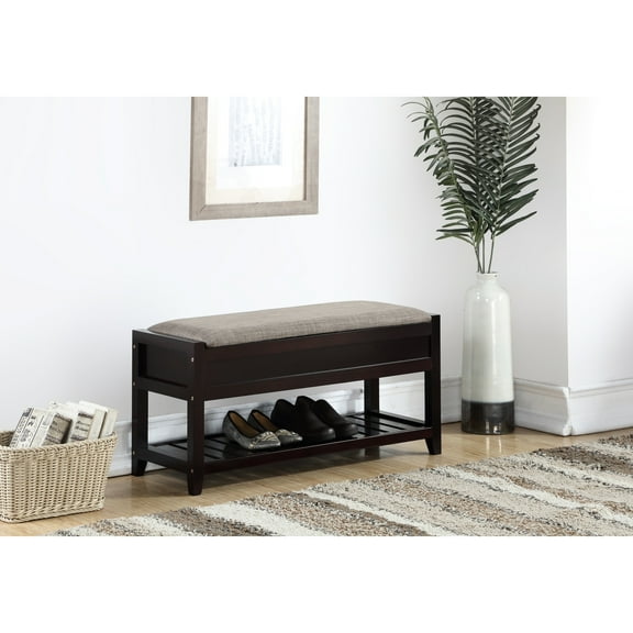 -colored Bench With Shoe Container - Comfortable Gray Upholstery, Hidden Compartment, Extra Shelf, Wood Construction Seating Storage In Fabric Upholstered Seat, Storage, Slatted Made