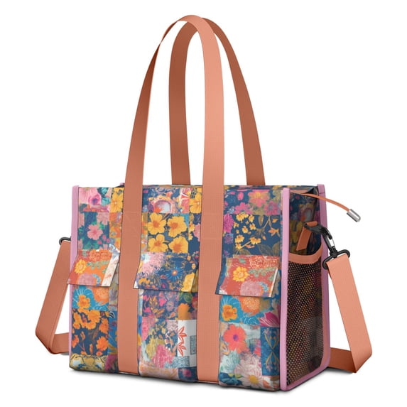 colorful floral patchwork patternLarge Teacher Tote Bag with Laptop ...
