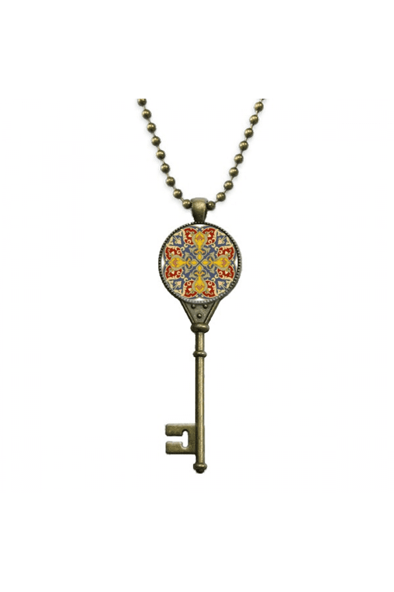colorful flower repeat pattern key necklace pendant tray embellished chain
