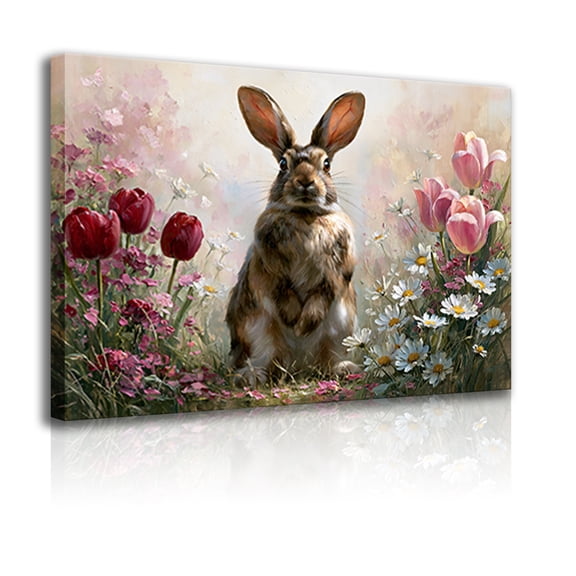 A colorful garden with tulips, daisies, and a cute brown bunny—this wall art frame features a whimsical spring bunny print, suitable for children's rooms and living room decor.