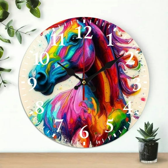 colorful horse Wooden Wall Clock Silent Mechanical Movement, Wall art Decor Perfect for Living Room, Dorm, Bedroom, Kitchen, Home Office & More, Wall Clock Living Room