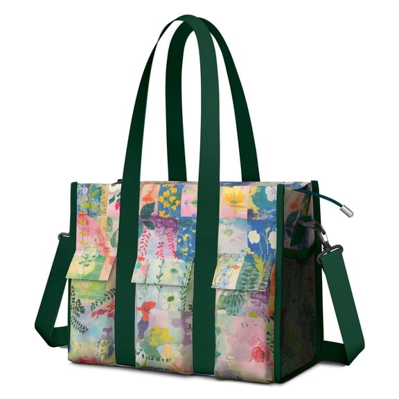 colorful patch panels pink green blue yellowLarge Teacher Tote Bag with Laptop Compartment, Multi-Pocket Waterproof Work Tote