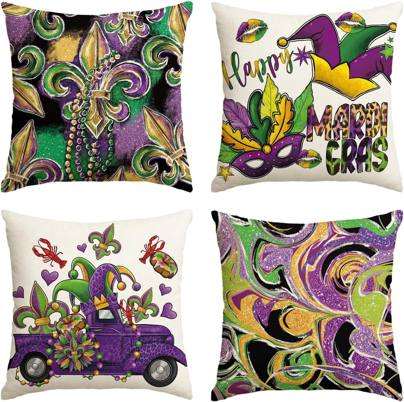 colorlife Mardi Gras Fleur de Lis Truck Bead Crawfish Throw Pillow Covers 18 x 18 Inch Holiday