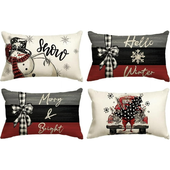 colorlife Merry Christmas Joy Xmas Trees Red Throw Pillow Covers, 12 x 20 Inch Christmas Winter Holiday Cushion Case Decoration for Sofa Couch Set of 4