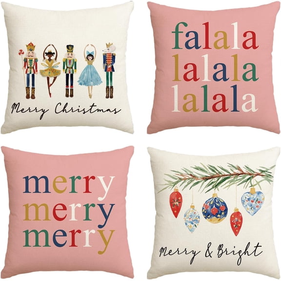 colorlife Merry Christmas Nutcracker Pink Throw Pillow Covers, 16 x 16 Inch Winter Holiday Party Cushion Case Decoration for Sofa Couch Set of 4