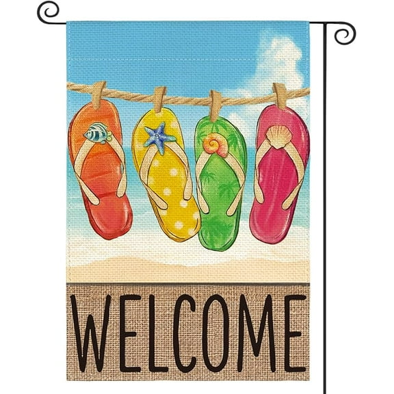 colorlife Summer Beach Flip-flop Garden Flag 12x18 Inch Double Sided, Welcome Seasonal Holiday Burlap Yard Outdoor Decoration