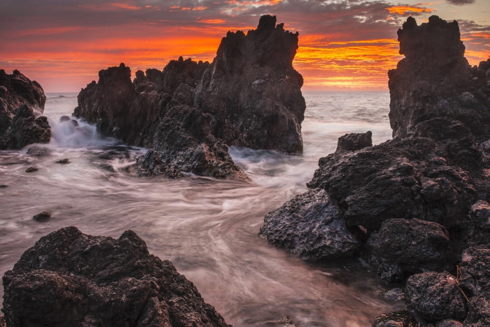 The colours of sunrise behind coastal lava rocks Laupahoehoe Island of Hawaii Hawaii United States of America Canvas Art - Carl Johnson Design Pics (38 x 24)