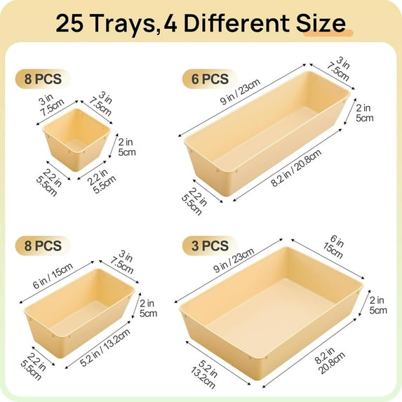A combination of 25 transparent plastic drawers, 4 multi-functional bathroom and dressing table drawers of various sizes, organizing trays, cosmetics, bedroom, kitchenware and office storage boxes