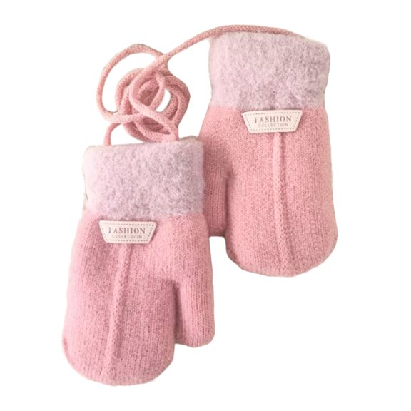 comerut 1 Pair Hanging Rope Halter Thickened Fleece Lining Winter Gloves Letter Logo Solid Color Baby Knitting Mittens