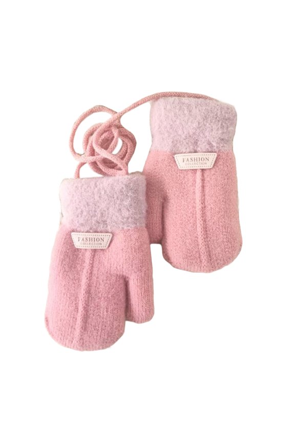 1 Pair Hanging Rope Halter Thickened Fleece Lining Winter Gloves Letter Logo Solid Color Baby Knitting Mittens