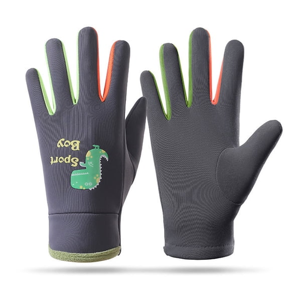 comerut 1 Pair Kids Cycling Gloves Water-Resistant Cartoon Print Outdoor Thermal Mittens Fleece Lining Winter Warm Gloves