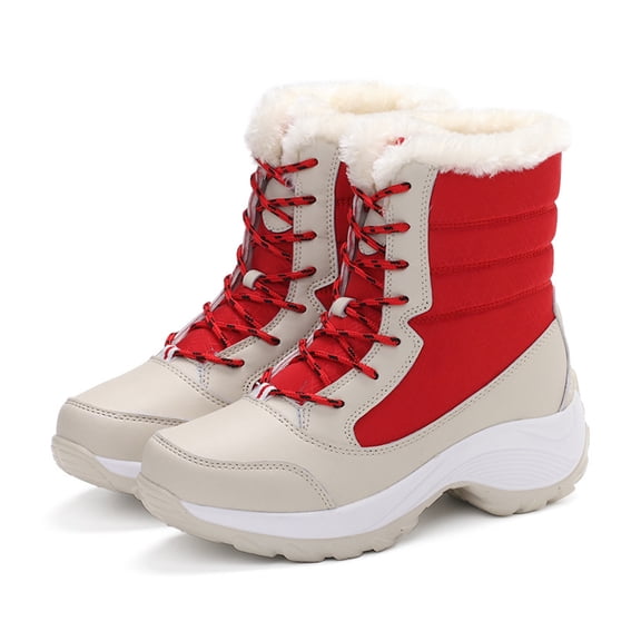 comerut 1 Pair Snow Boots Mid-Calf Non-slip Heels Lace-up Water-resistant Keep Warm Contrast Color Outdoor Women Ankle Boots Outdoor Use