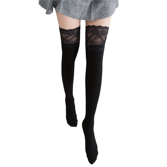 comerut 1 Pair Thigh High Stockings Knee Length Lace Stitching Solid Color Stretchy Super Soft Keep Warm Polyester Thicken Warm Stockings Winter Over Knee Socks for Girl