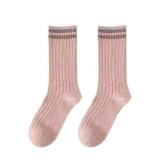 comerut 1 Pair Women Fall Winter Socks Solid Color Mid-tube Thick Warm No Odor Elastic Anti-slip Striped Sweat Absorption Lady Mid-calf Socks