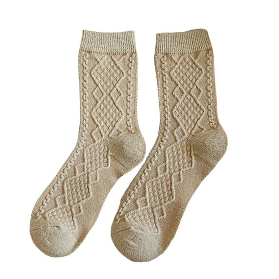 comerut 1 Pair Women Socks Thick High Elasticity Rhombus Texture Middle Tube Breathable Keep Warm Solid Color Autumn Winter Ladies Thermal Long Socks for Daily Wear